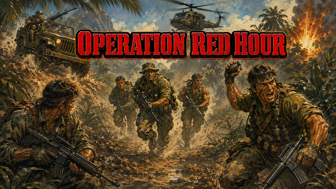 Illustrated commando squad in the jungle, key art for Operation Red Hour